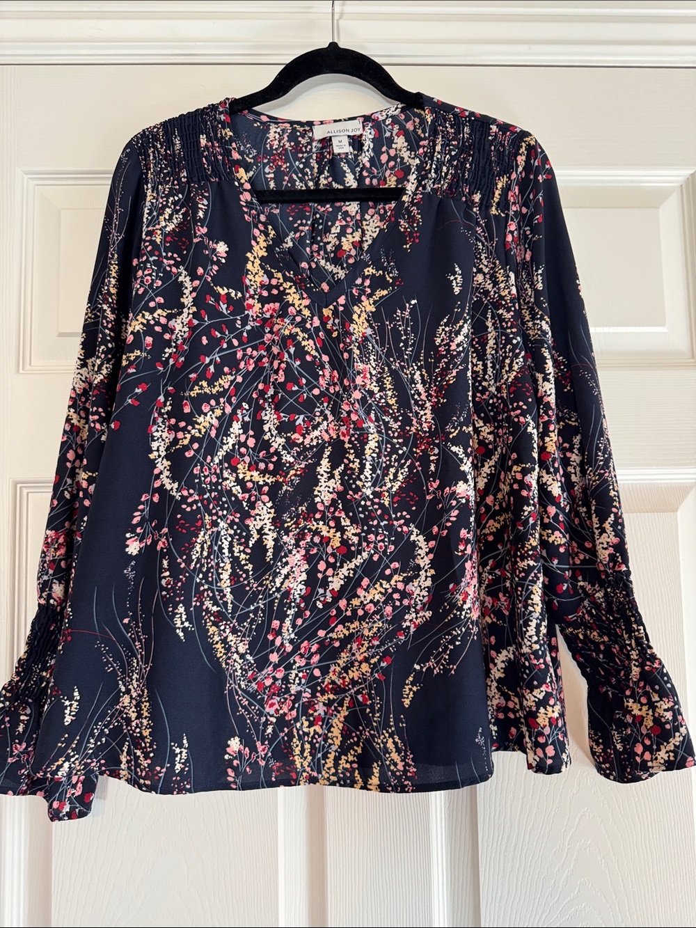 Allison Joy Navy Floral V-Neck Smocked Long-Sleeve Blouse